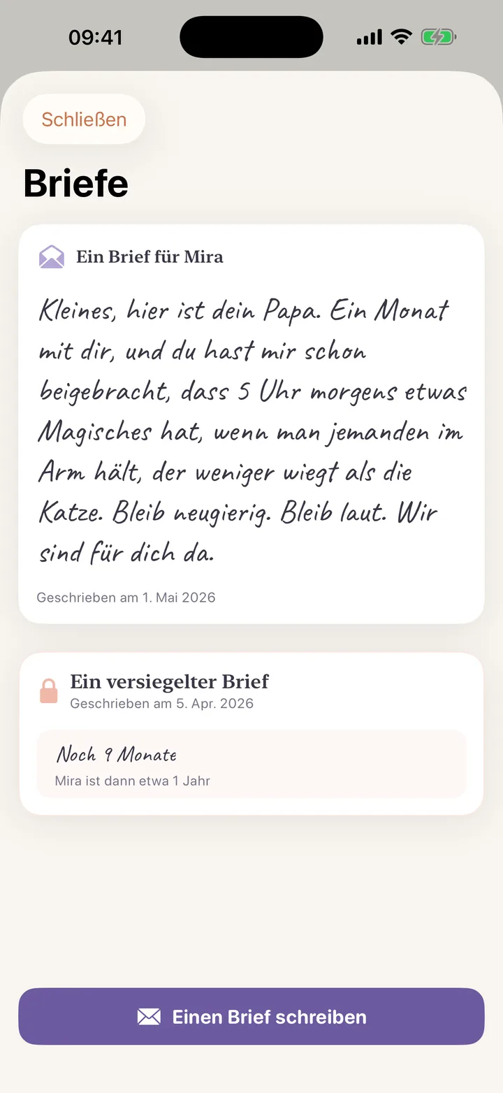 Briefe in der Lunita App: ein offener Brief an das Baby und ein versiegelter Brief, der erst zum ersten Geburtstag geöffnet wird