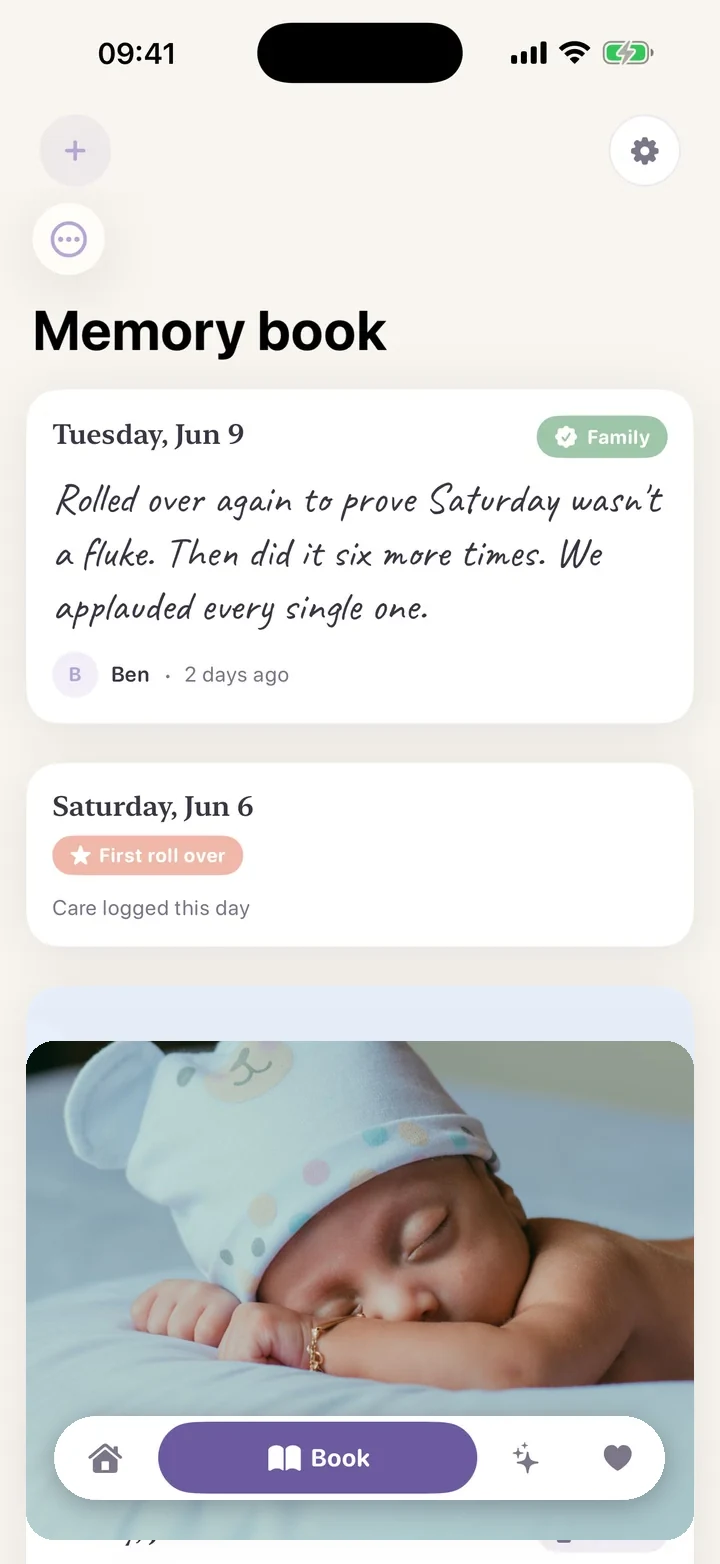 Memory book in the Lunita app: diary entries in warm handwriting, shared with family, next to the first-roll milestone