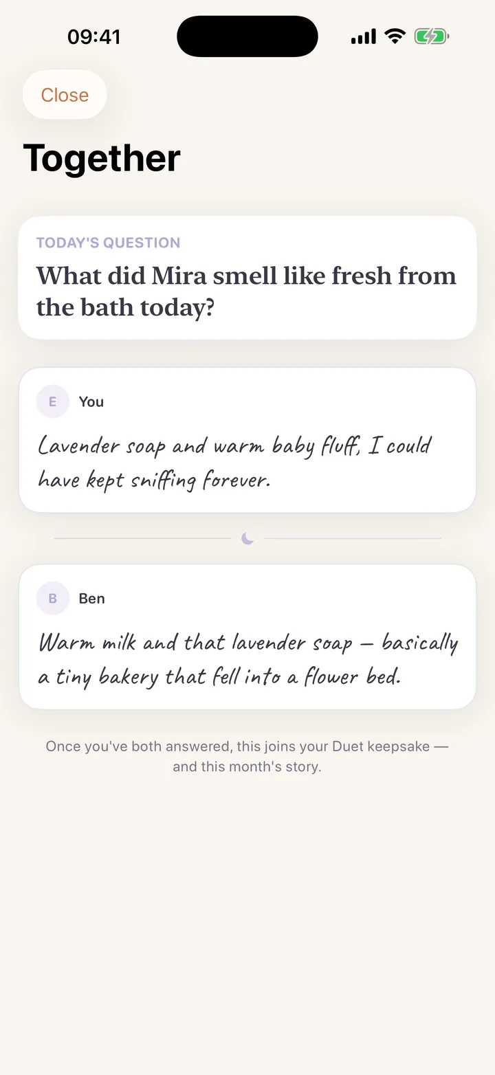 Duet in the Lunita app: both parents answer the same daily question about their baby separately and only then see each other&rsquo;s answer