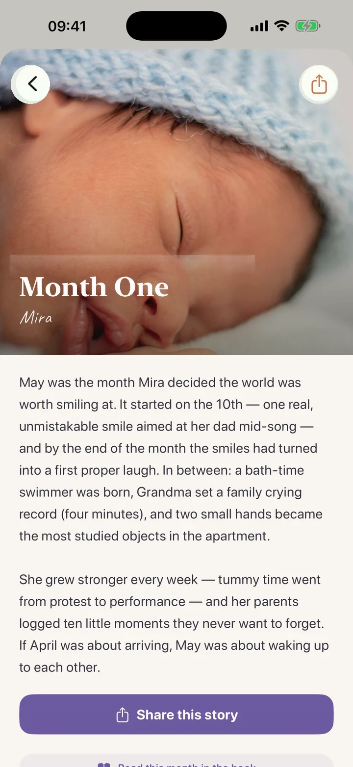 Monthly story in the Lunita app: a month of entries woven into a warmly told memory titled Month One