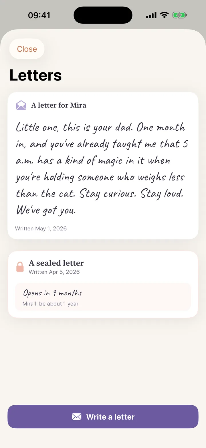 Letters in the Lunita app: an open letter to the baby and a sealed letter that opens on the first birthday
